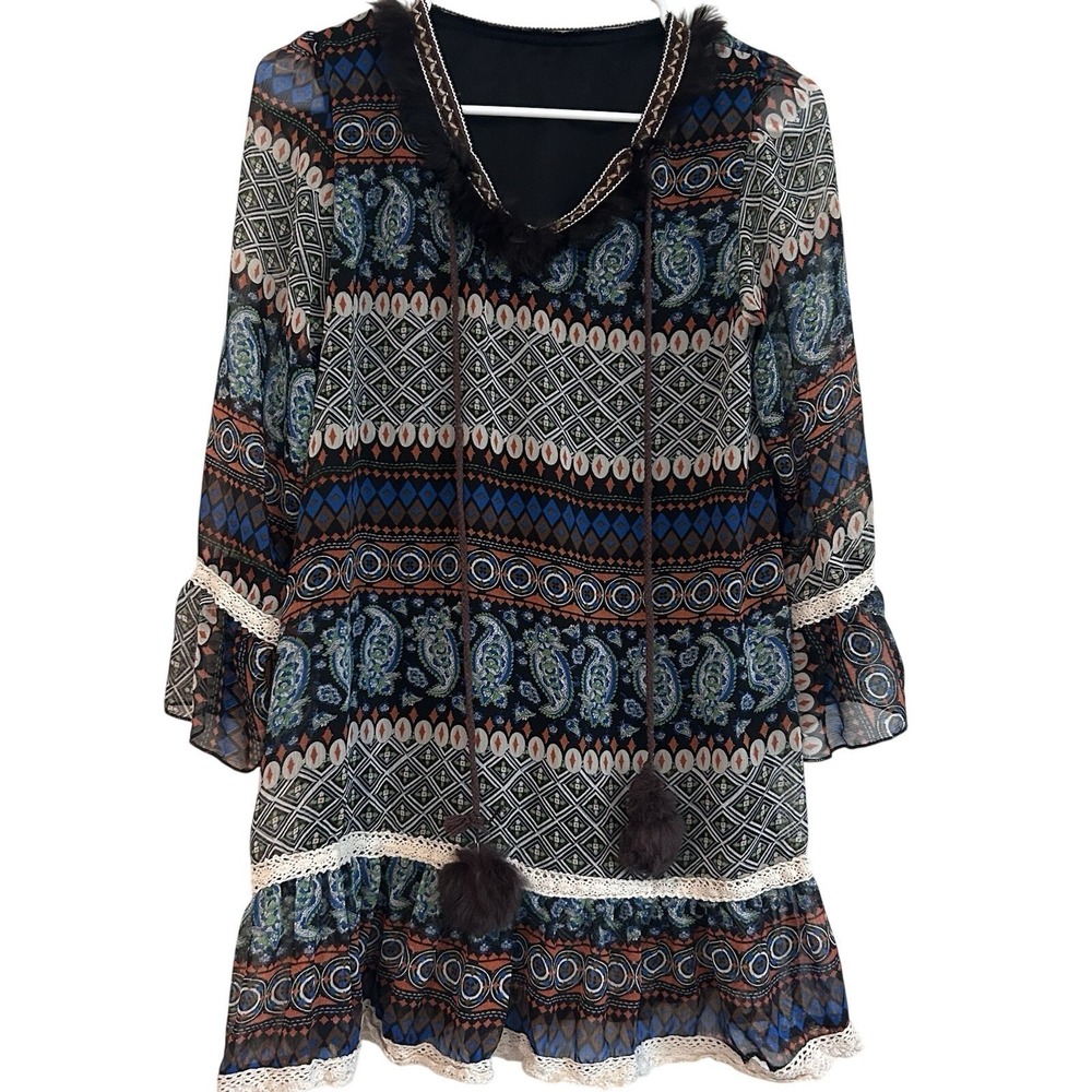 Boho Embroidered Sheer Tunic Sz S Lined Paisley Fur Pom Poms Hippie Whimsical